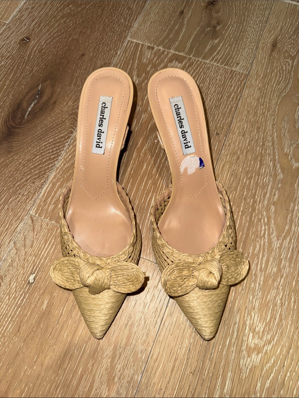 Charles David Tan Raffia Pointed Knot-Accent Slide Heels